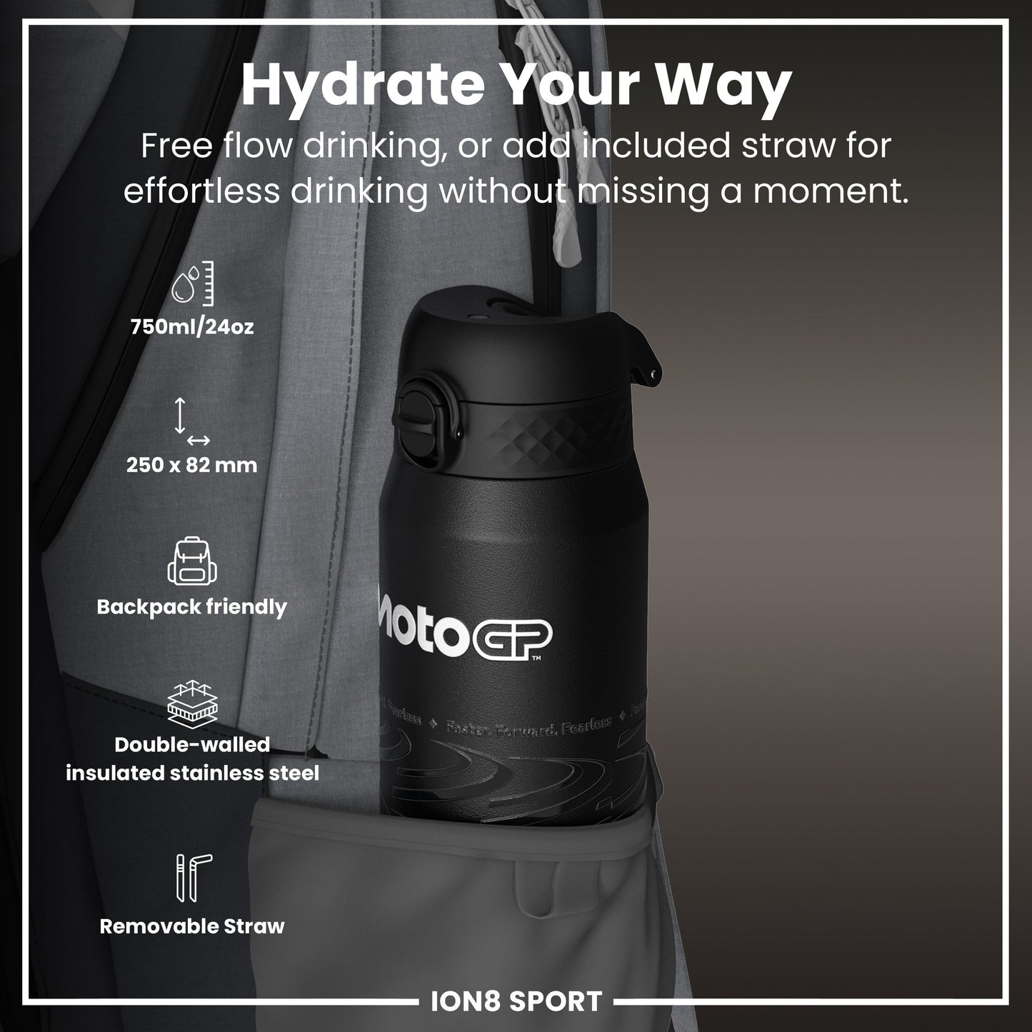 MotoGP x ION8 Insulated Steel Water Bottle, MotoGP Lean, 750ml (24oz)