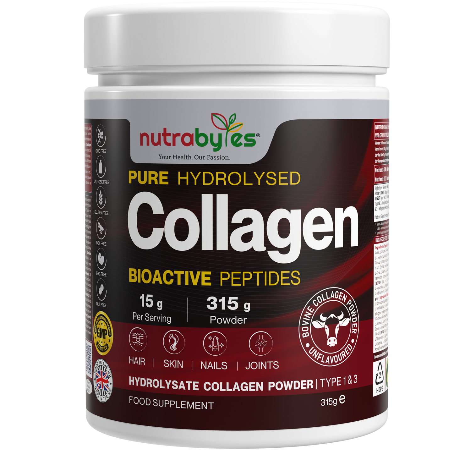 Collagen Powder 315g, Grass Fed Hydrolysed Bovine Collagen Peptides, 19 Amino Acids, Made in UK