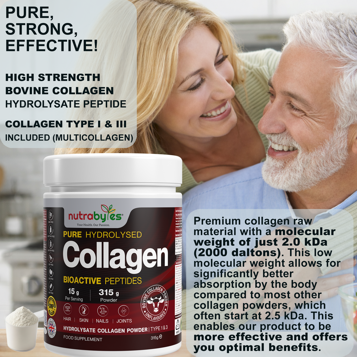 Collagen Powder 315g, Grass Fed Hydrolysed Bovine Collagen Peptides, 19 Amino Acids, Made in UK
