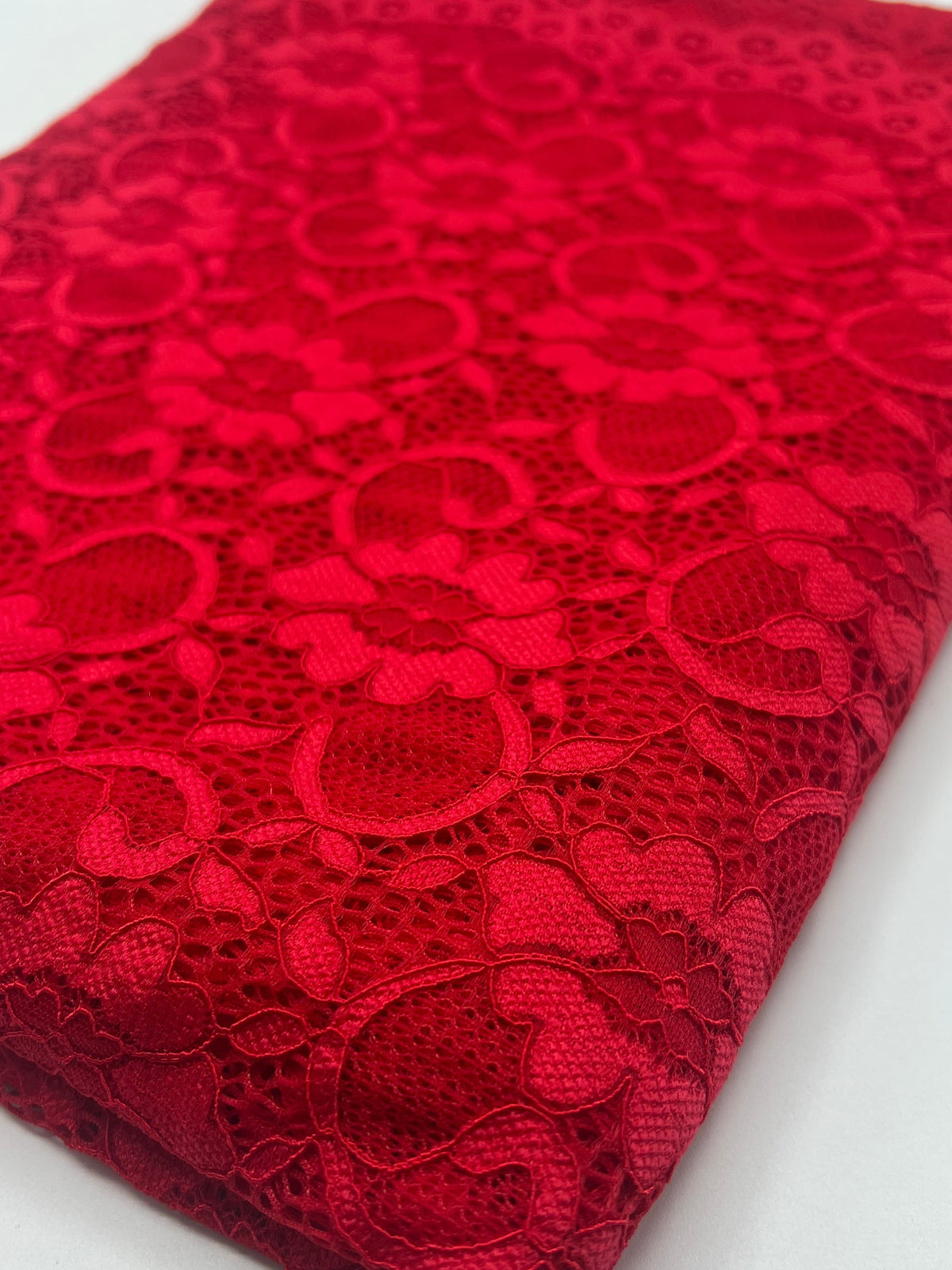 Red Flower Scalloped Edge Floral Lace Fabric Stretch