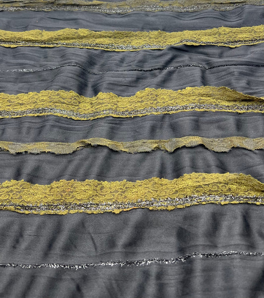 Black Green Ruffle Lace Detail Fabric Stretch
