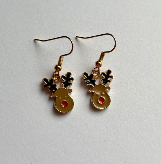 Brown reindeer gold dangle christmas earrings