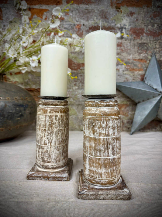Pair Of Rustic Wooden Candle Holders / Large Church Candle Candlesticks /E