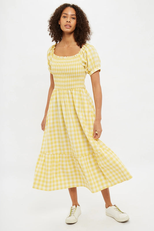 Louche Babette Picnic Checked Shirred Bodice Midi Dress