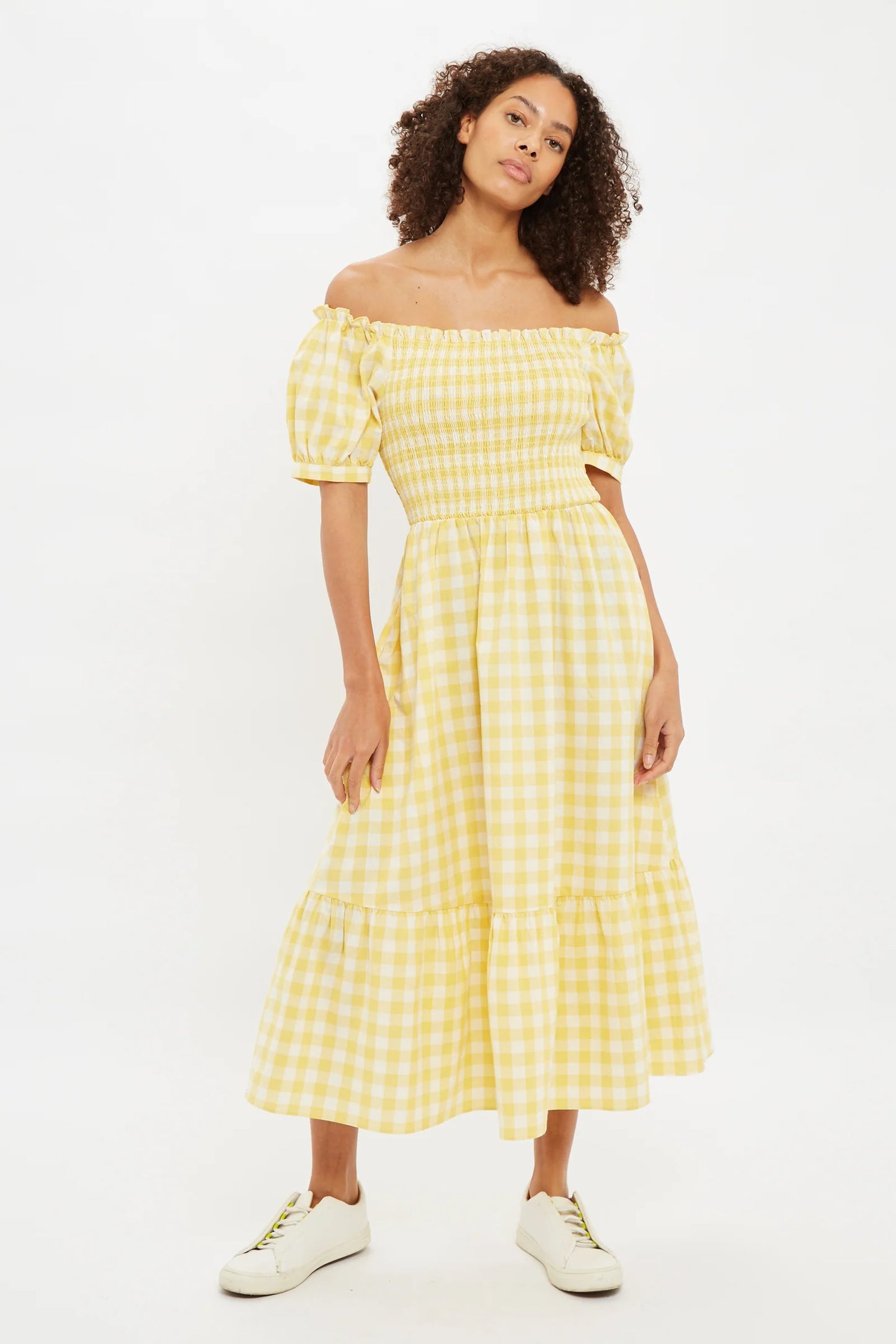 Louche Babette Picnic Checked Shirred Bodice Midi Dress