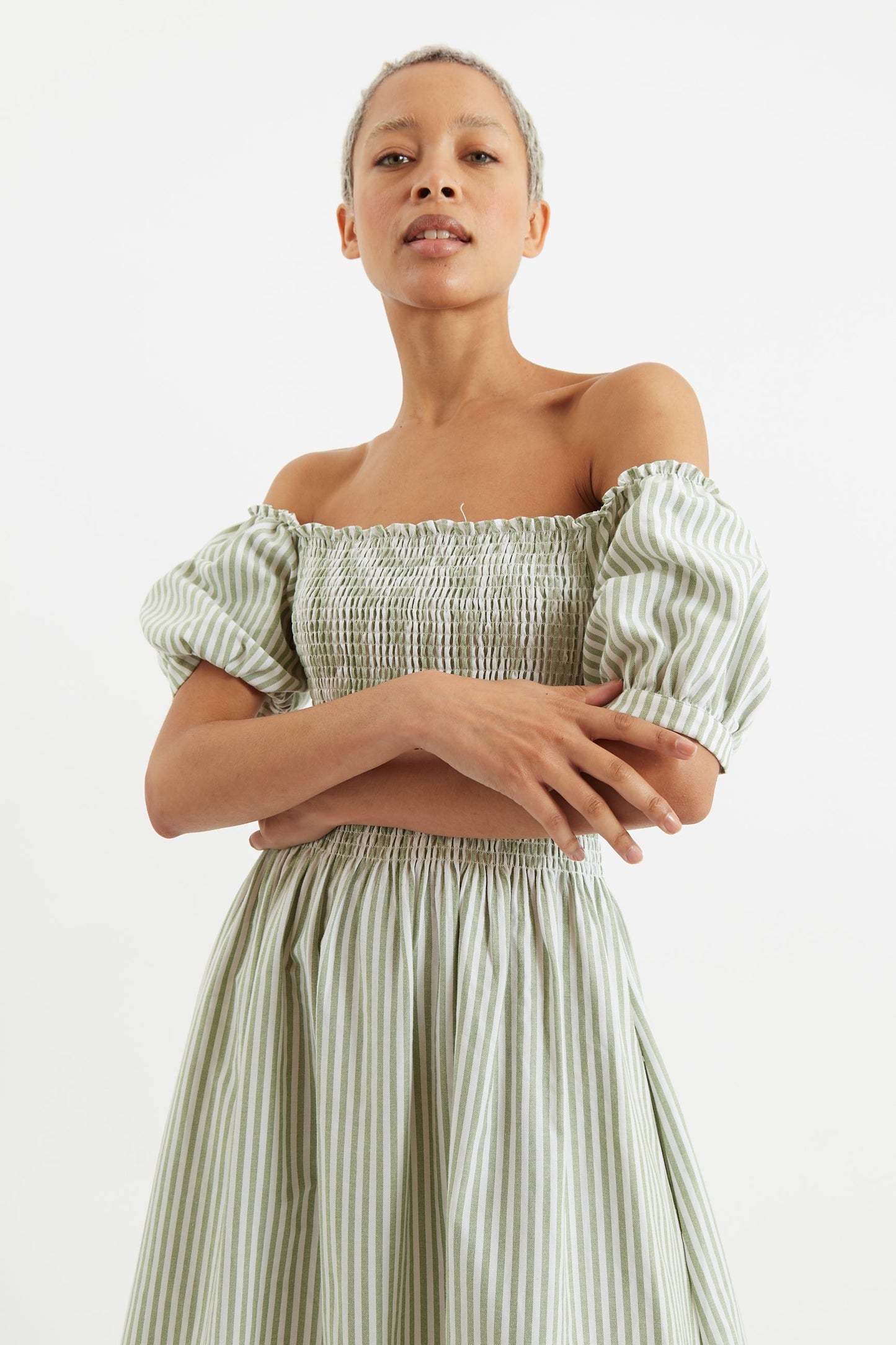 Babette Sail Stripe Shirred Bodice Midi Dress Green