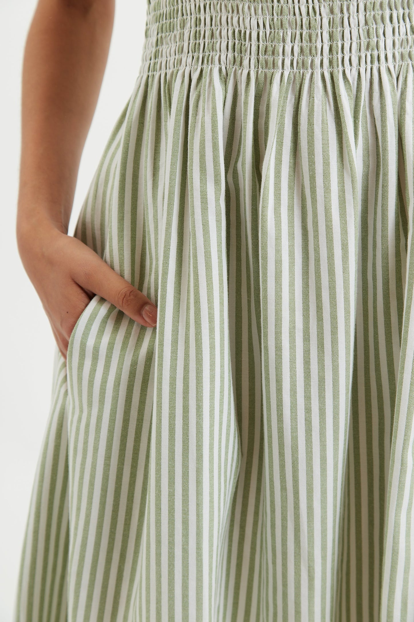 Babette Sail Stripe Shirred Bodice Midi Dress Green