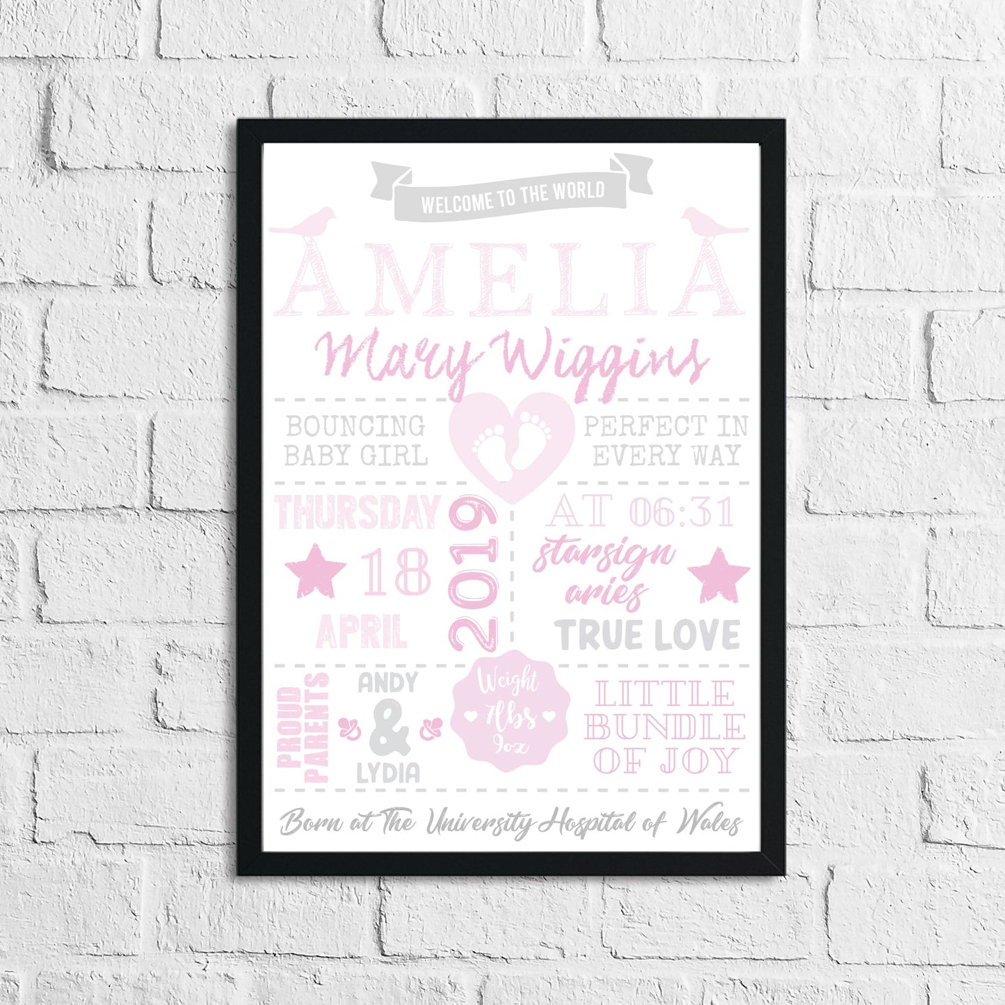 Personalised Baby Girl's Birth Pink Children's Bedroom Room Wall Decor Print