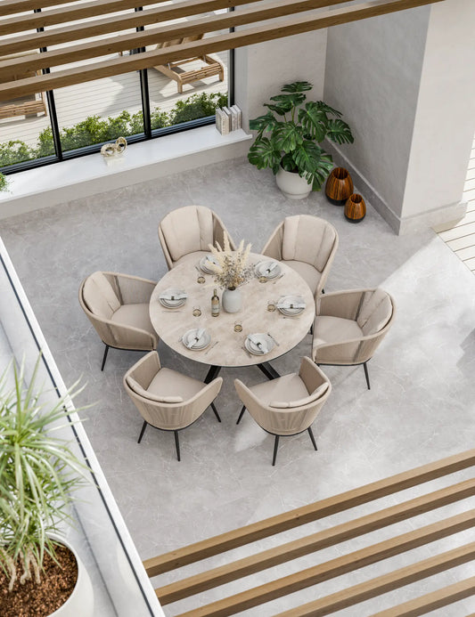 Bali 6 Seater Round Ceramic Glass Dining Set with Bali Rope Chairs