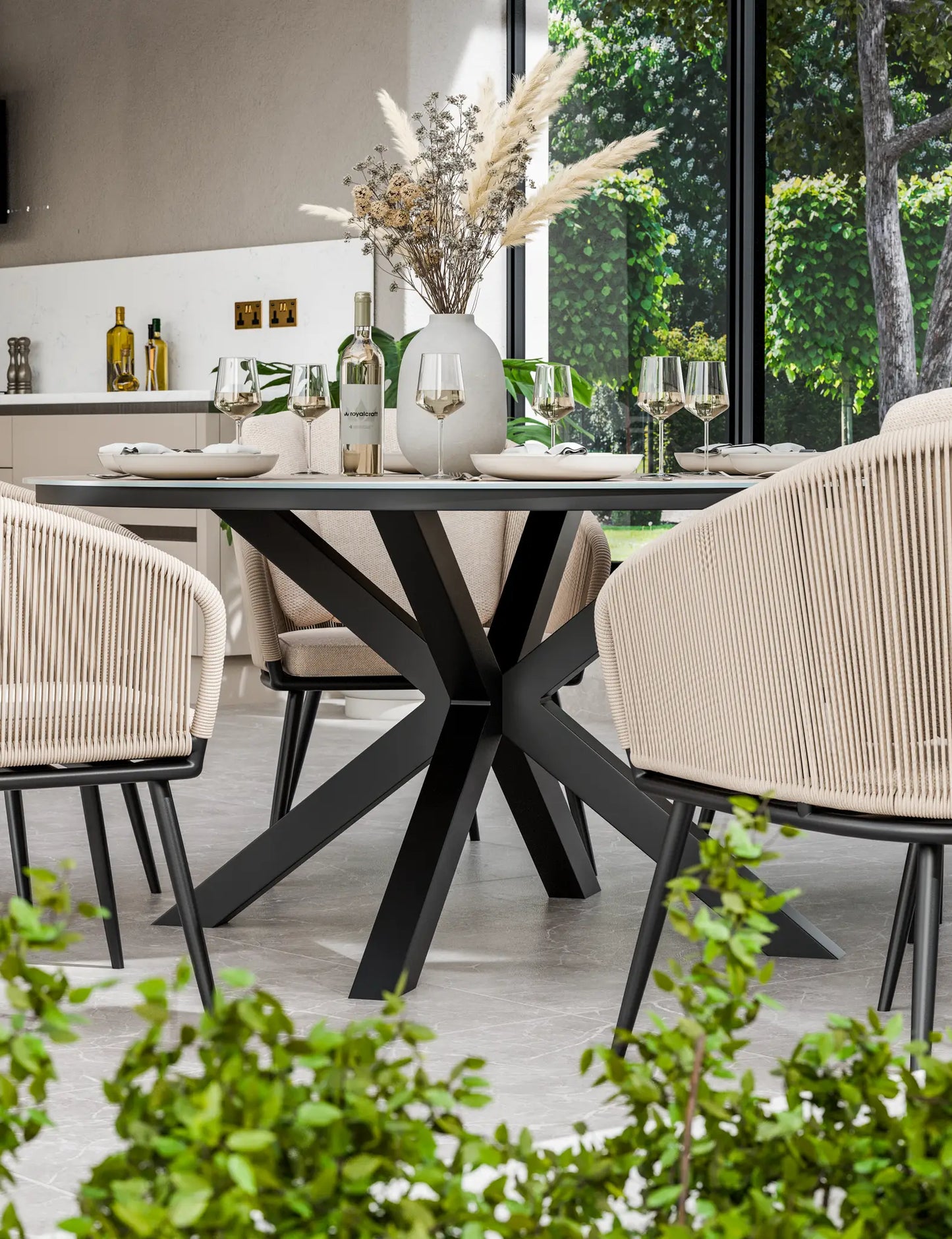 Bali 6 Seater Round Ceramic Glass Dining Set with Bali Rope Chairs