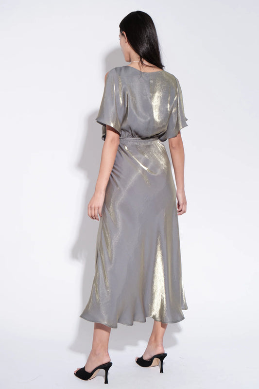 Basford Iridescent Cape Sleeve Midi Dress in Green