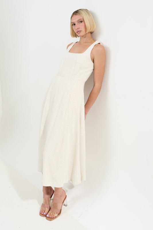 Baya Linen Mix Square Neck Midi Dress - Natural