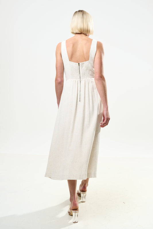 Baya Linen Mix Square Neck Midi Dress - Natural