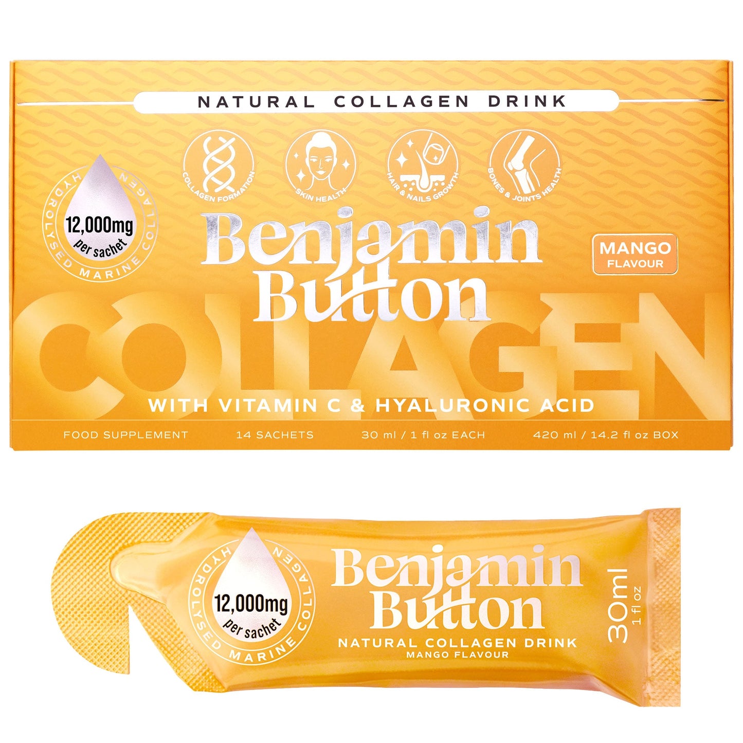 Benjamin Button 12,000mg Marine Collagen Drink - Mango Liquid Sachets