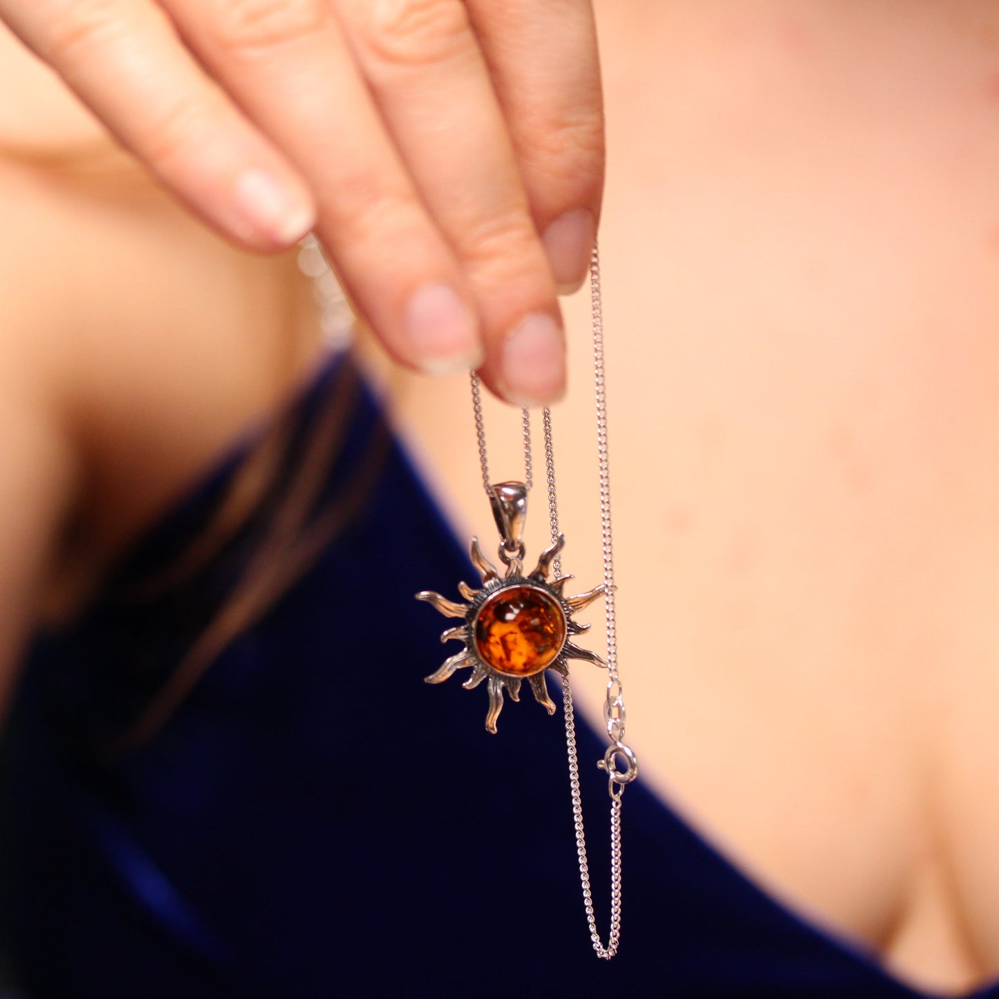 Sterling Silver & Baltic Amber Flaming Sun Pendant