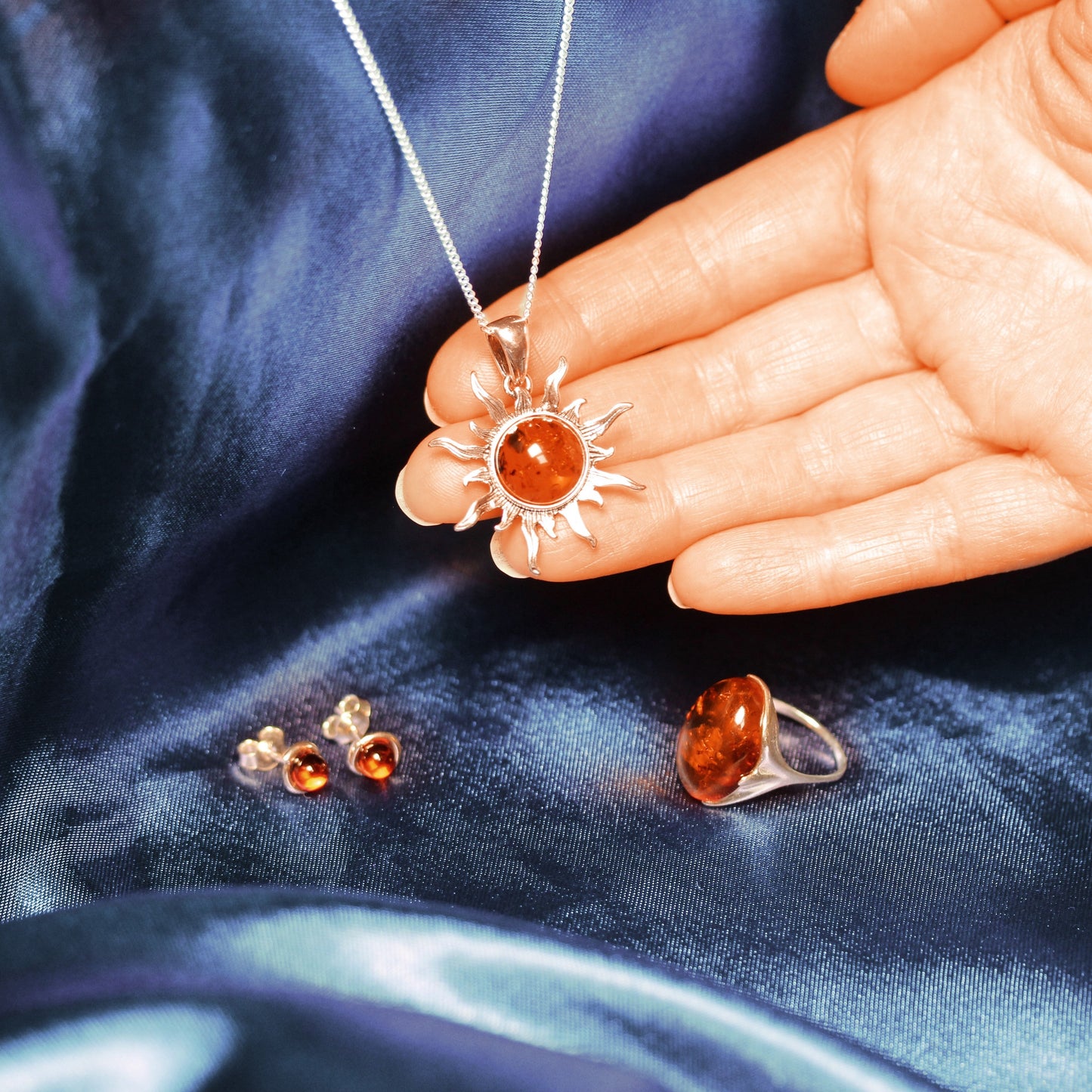 Sterling Silver & Baltic Amber Flaming Sun Pendant