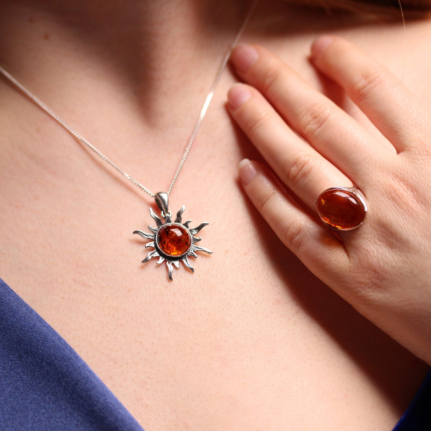 Sterling Silver & Baltic Amber Flaming Sun Pendant