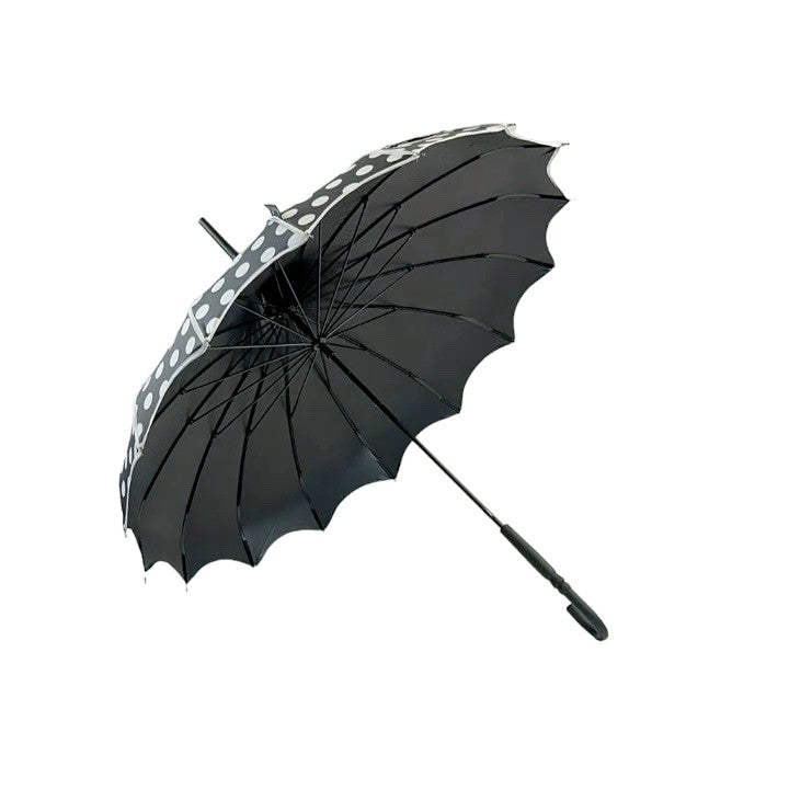 Boutique Polka Dot Ribbed Pagoda Umbrella Black