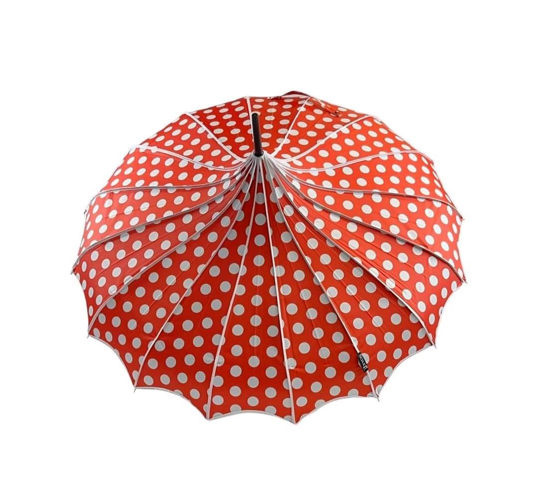 Boutique Polka Dot Ribbed Pagoda Umbrella Red
