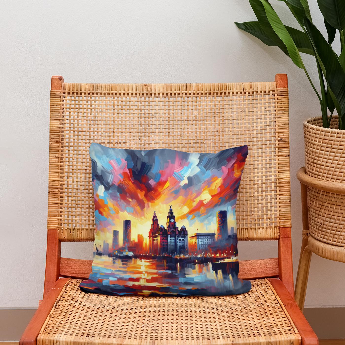 Expressionist Sunset Liverpool Skyline Cotton Cushion
