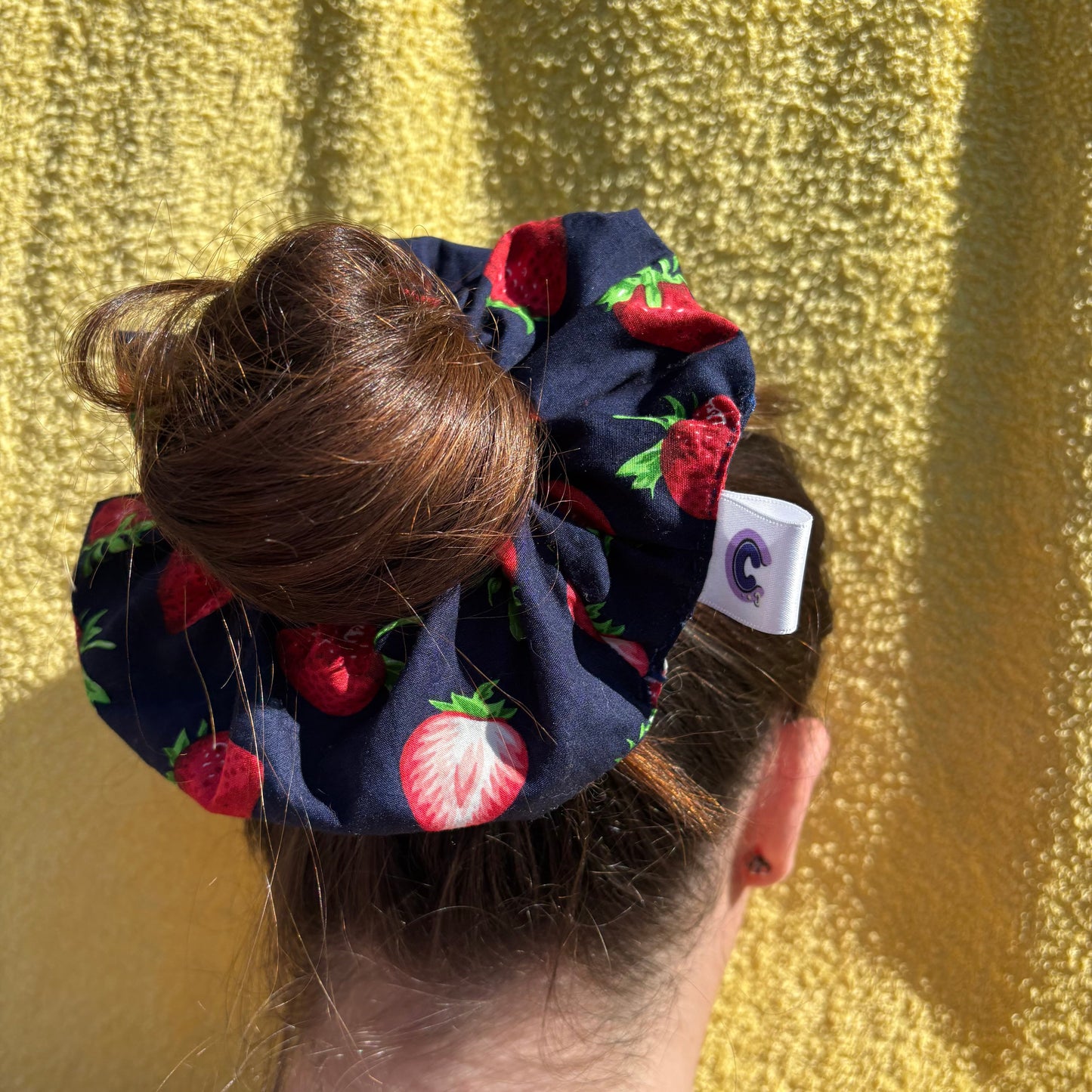 Cool navy blue and red strawberry large hair scrunchie