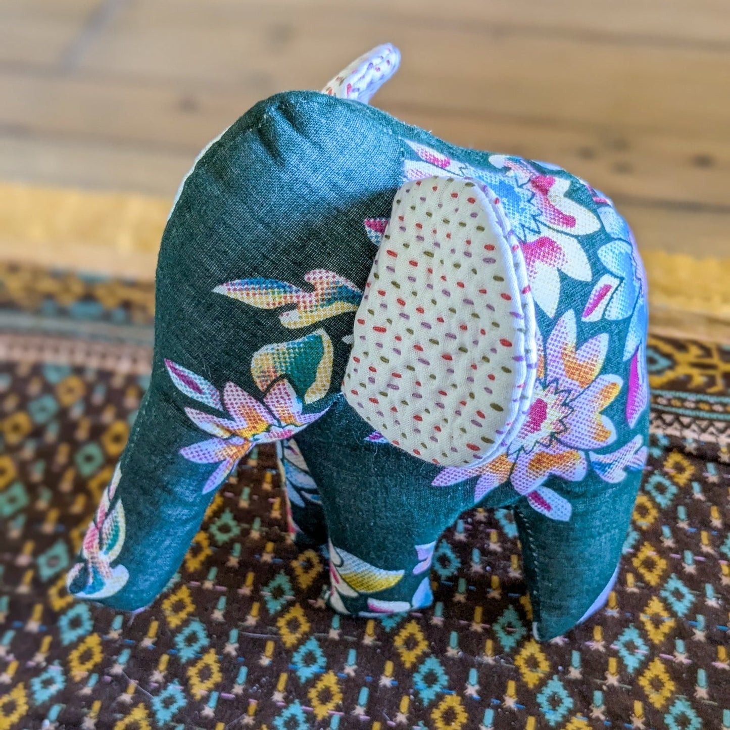 Handmade Soft Plush Elephant, Fair Trade Elephant Decor, Bengali Cotton with Kantha Stitch