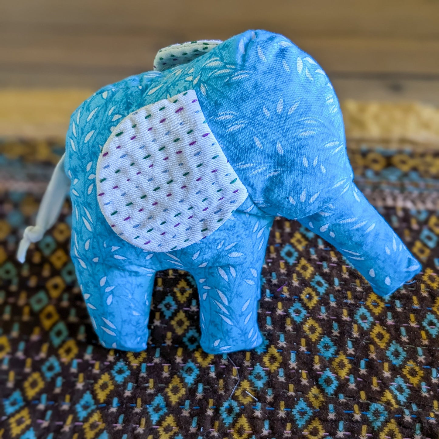 Handmade Soft Plush Elephant, Fair Trade Elephant Decor, Bengali Cotton with Kantha Stitch