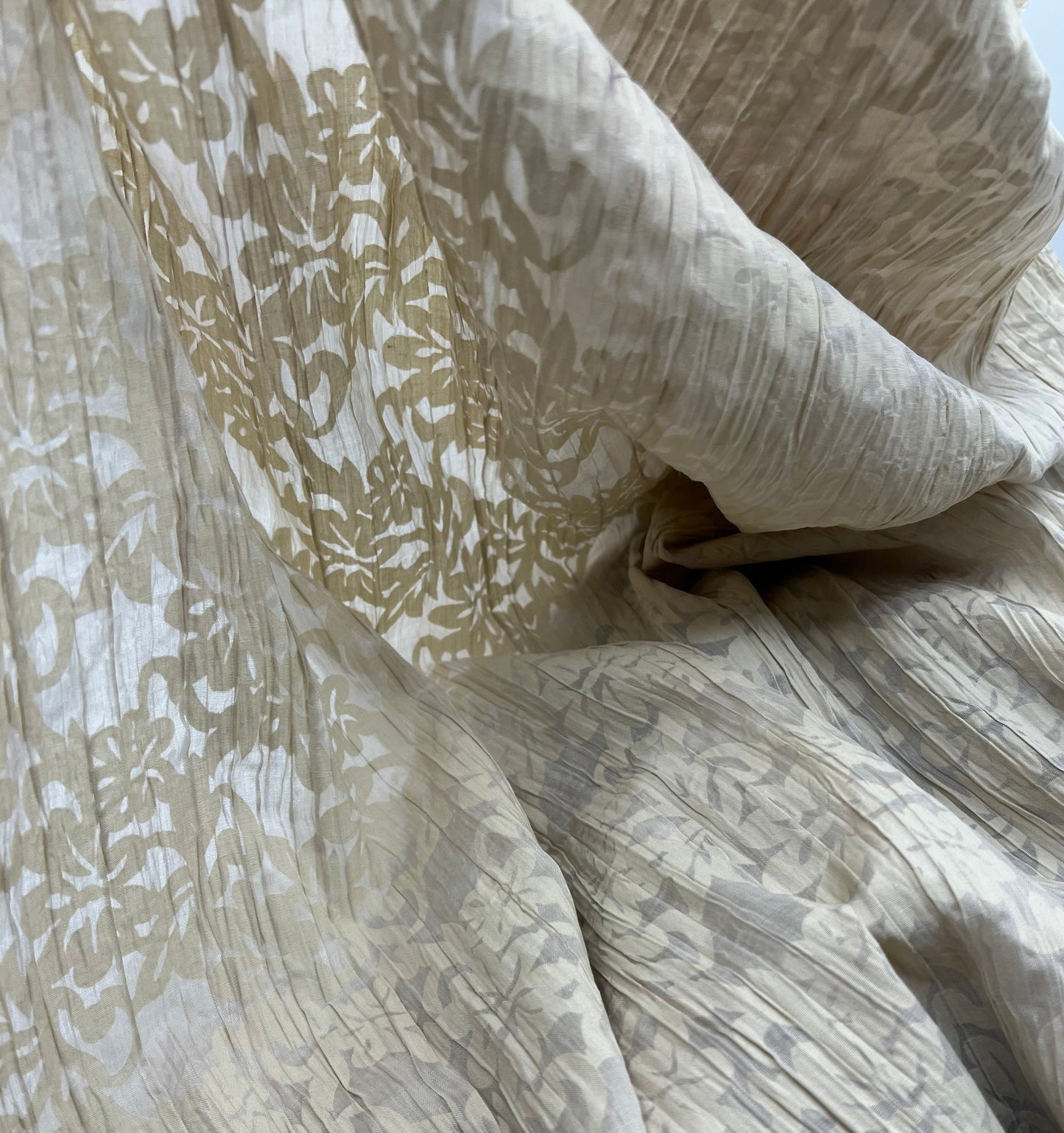 Beige Floral Crinkled Lightweight Non Stretch Woven Fabric