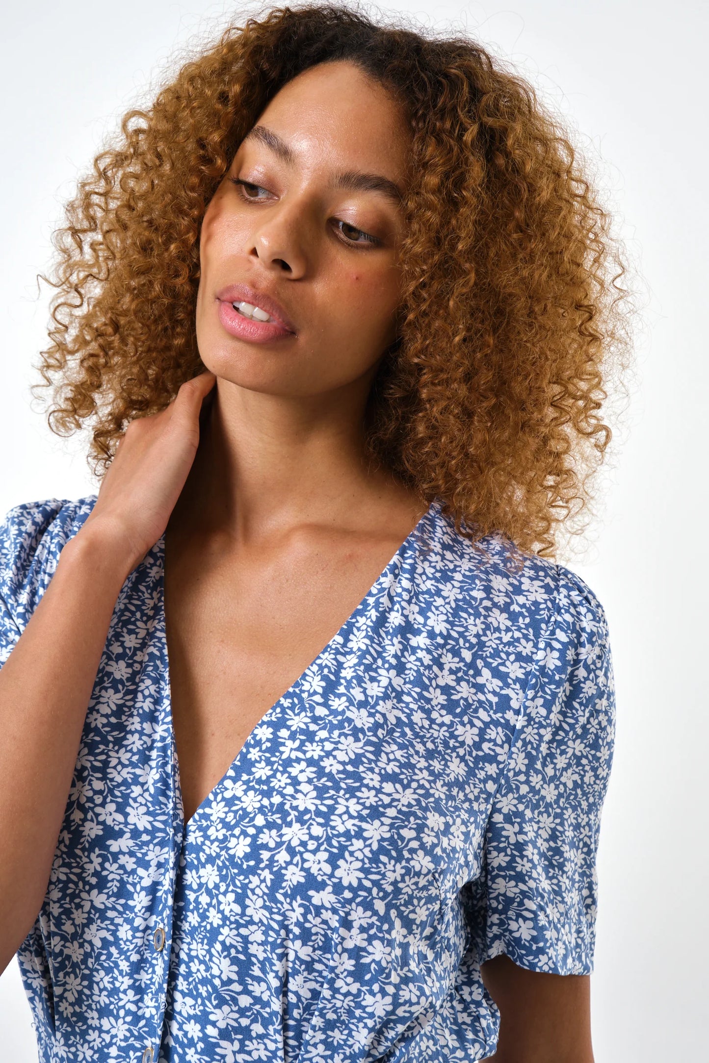 Belen Micro Blossom Print Short Sleeve Jumpsuit In Blue