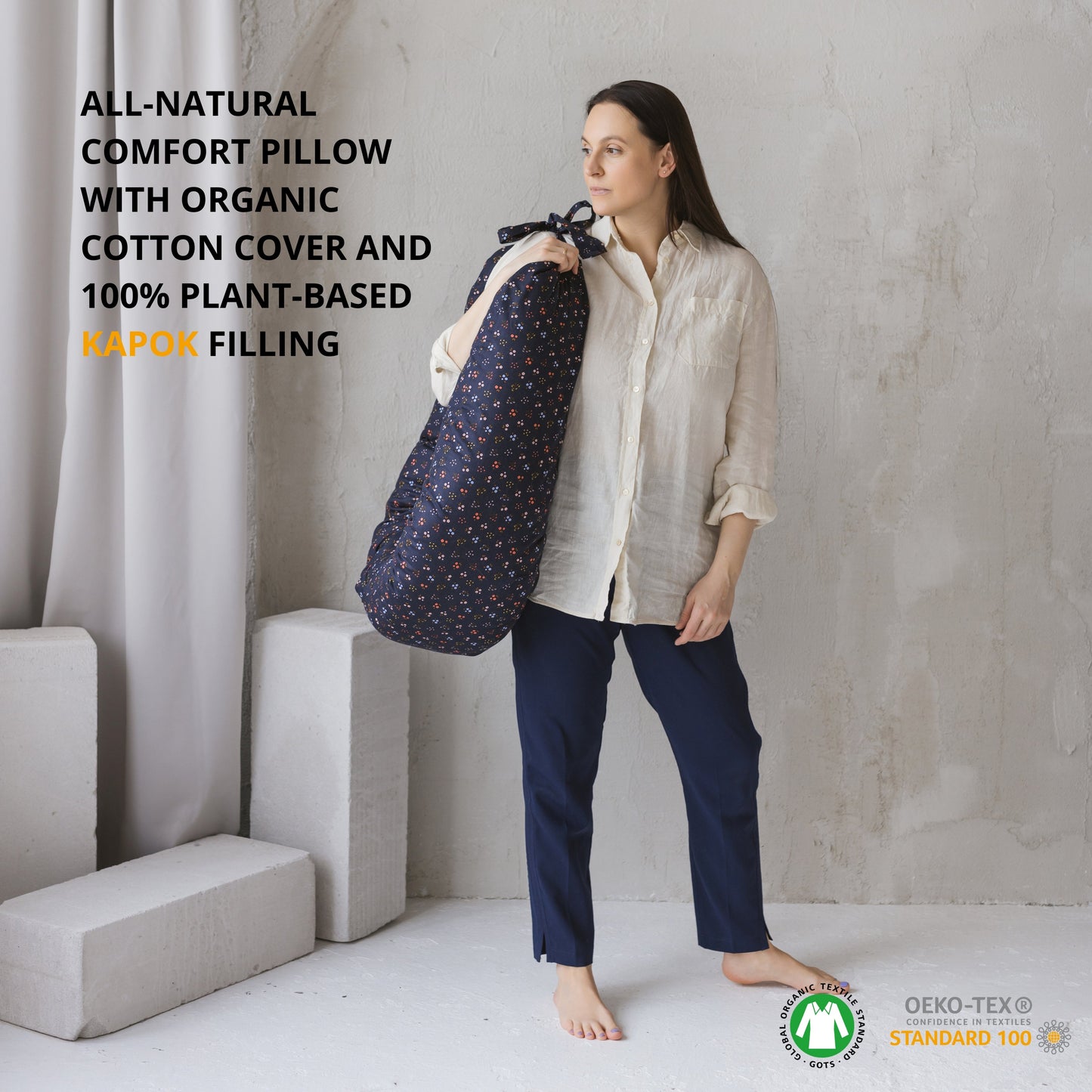 MINICAMP C-Shape Nursing & Pregnancy Pillow with Organic Navy Blue Cover | Kapok or PES Filling