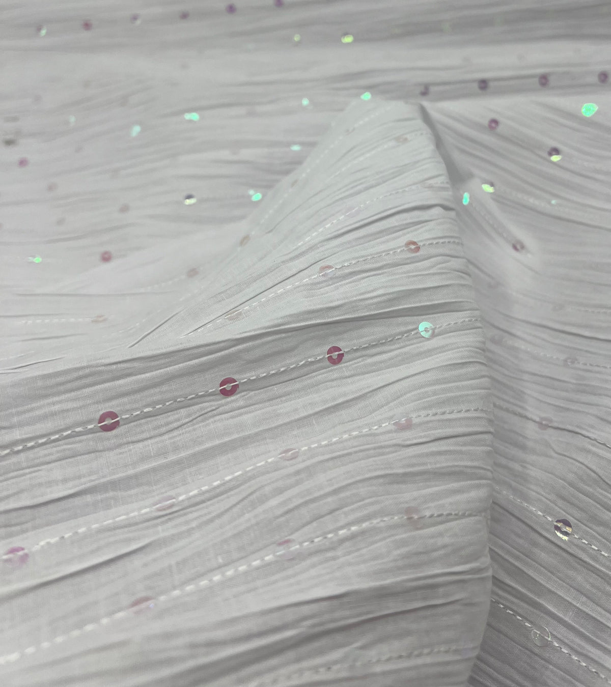 White Sequin Crinkled Lightweight Non Stretch Fabric