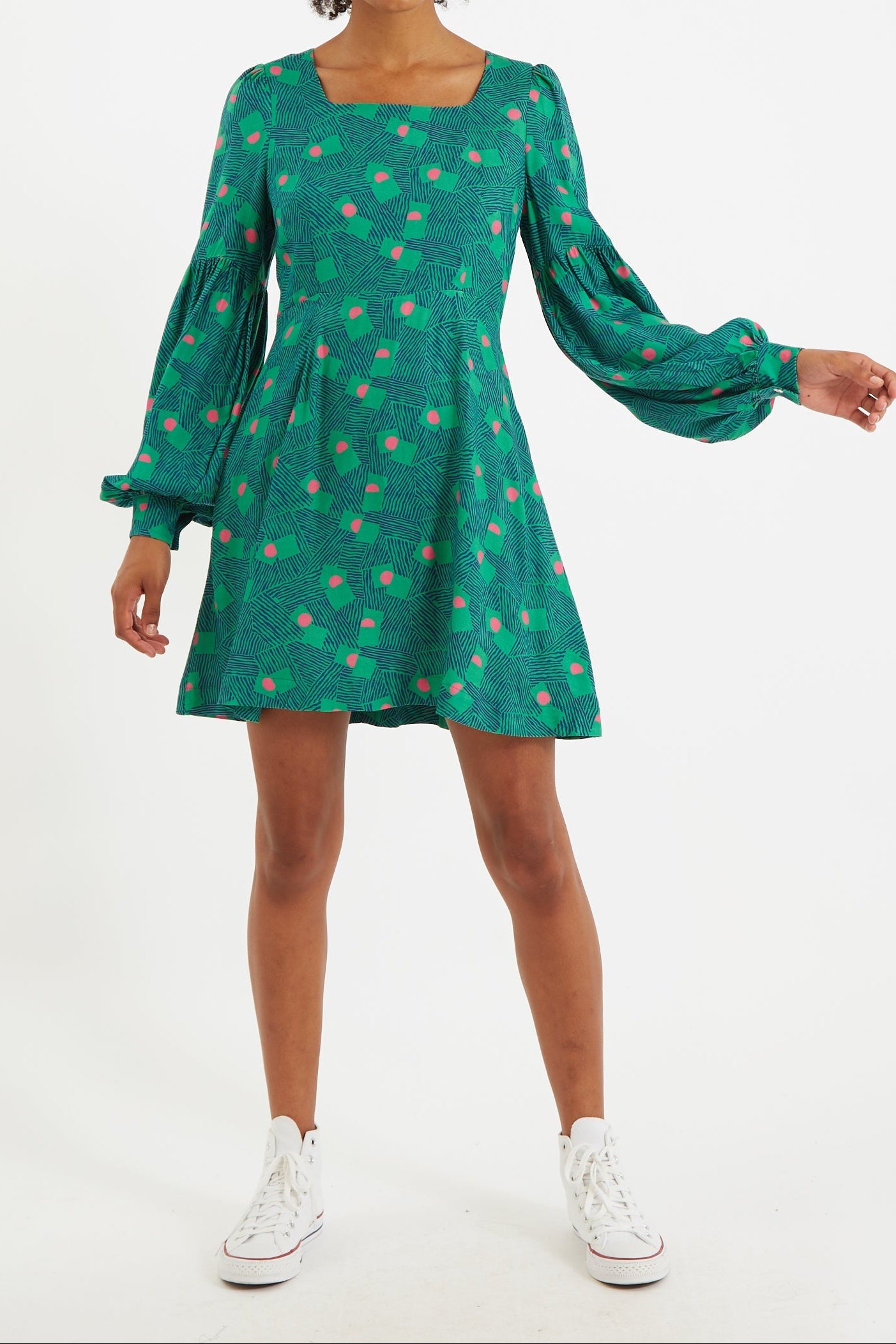 Louche Bindy Bauhaus Abstract Print Square Neck Long Sleeve Dresses