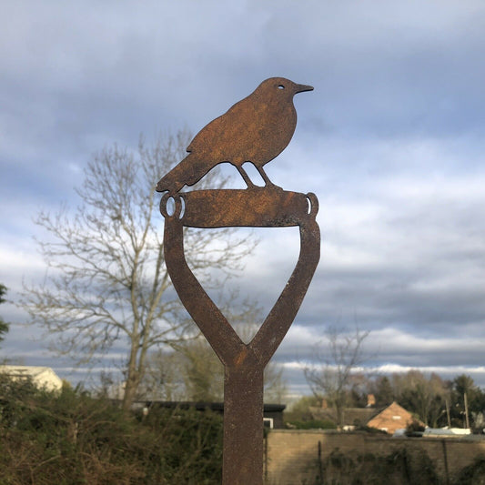 Rusty Metal Blackbird On A Spade Garden Decoration