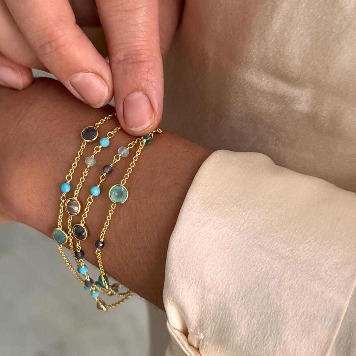 Hydra Multi-Strand Gold Chain and Gemstone Bracelet  Iolite, Blue Topaz & Apatite