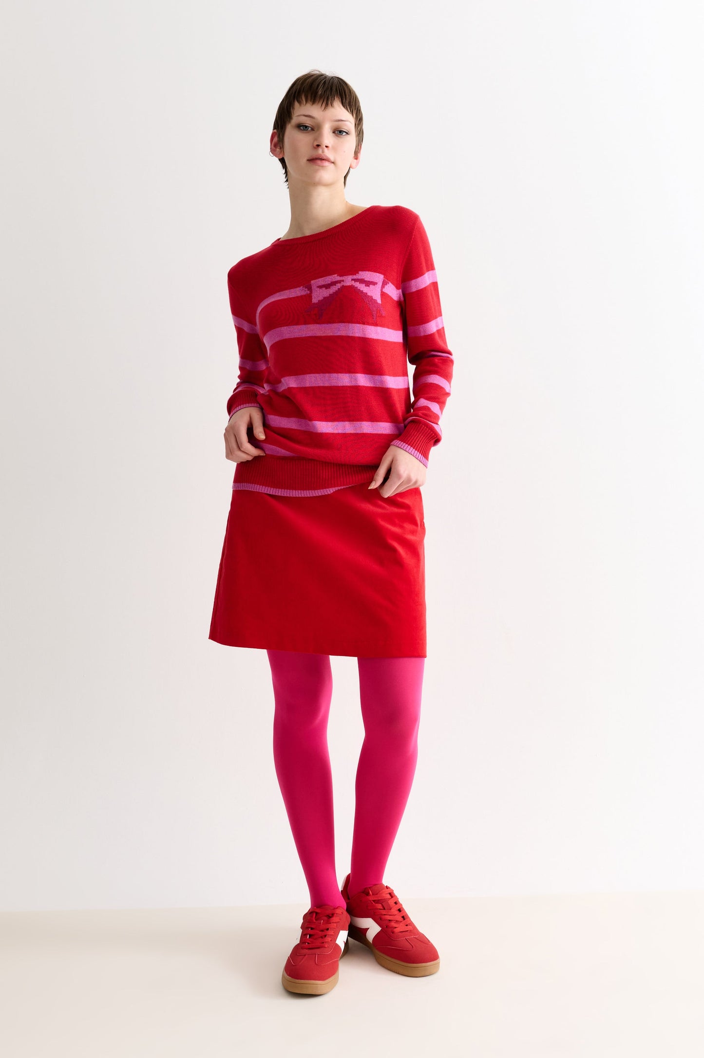 Bly Bow Intarsia Striped Jumper – Red