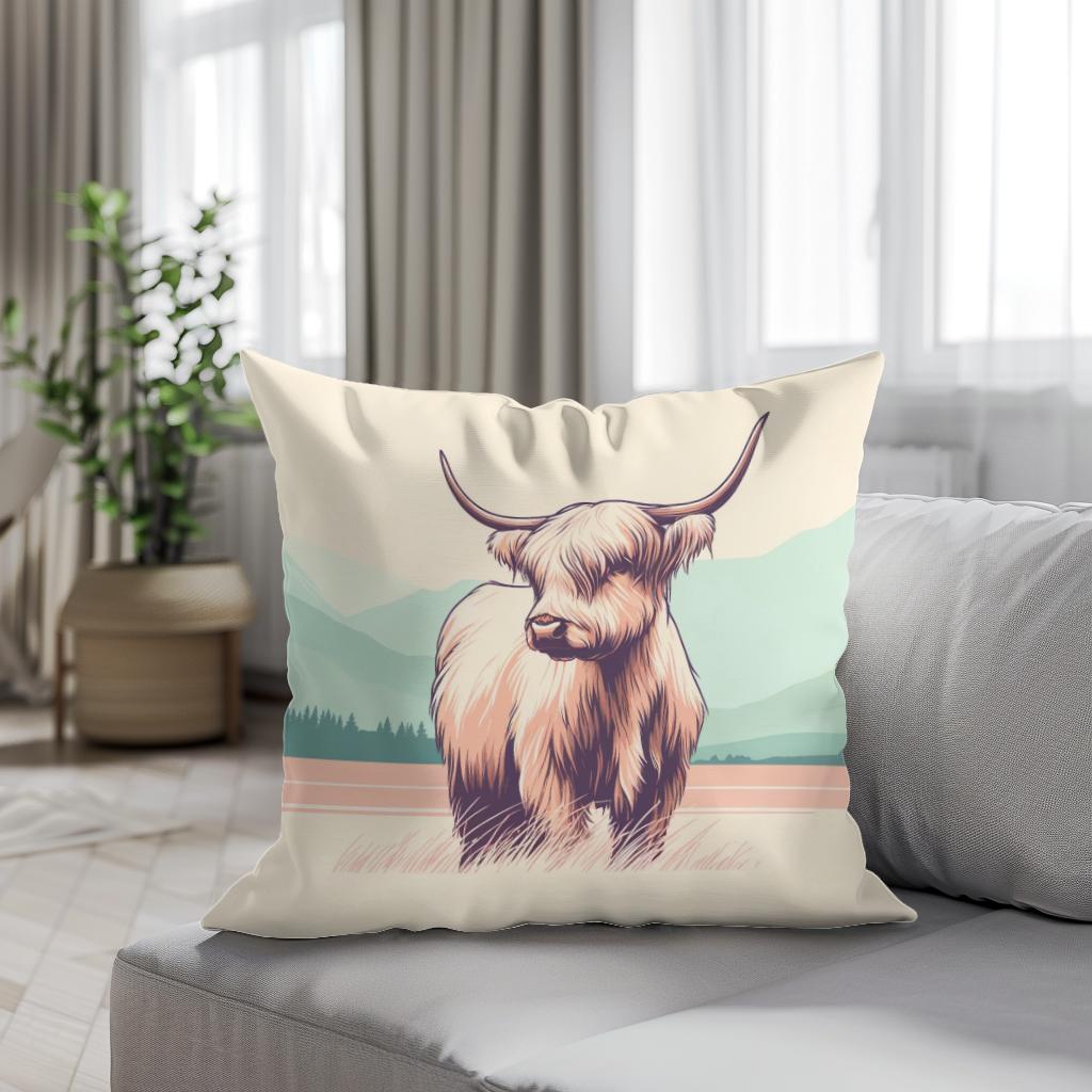Pastel Highland Cow Minimalism Cotton Cushion