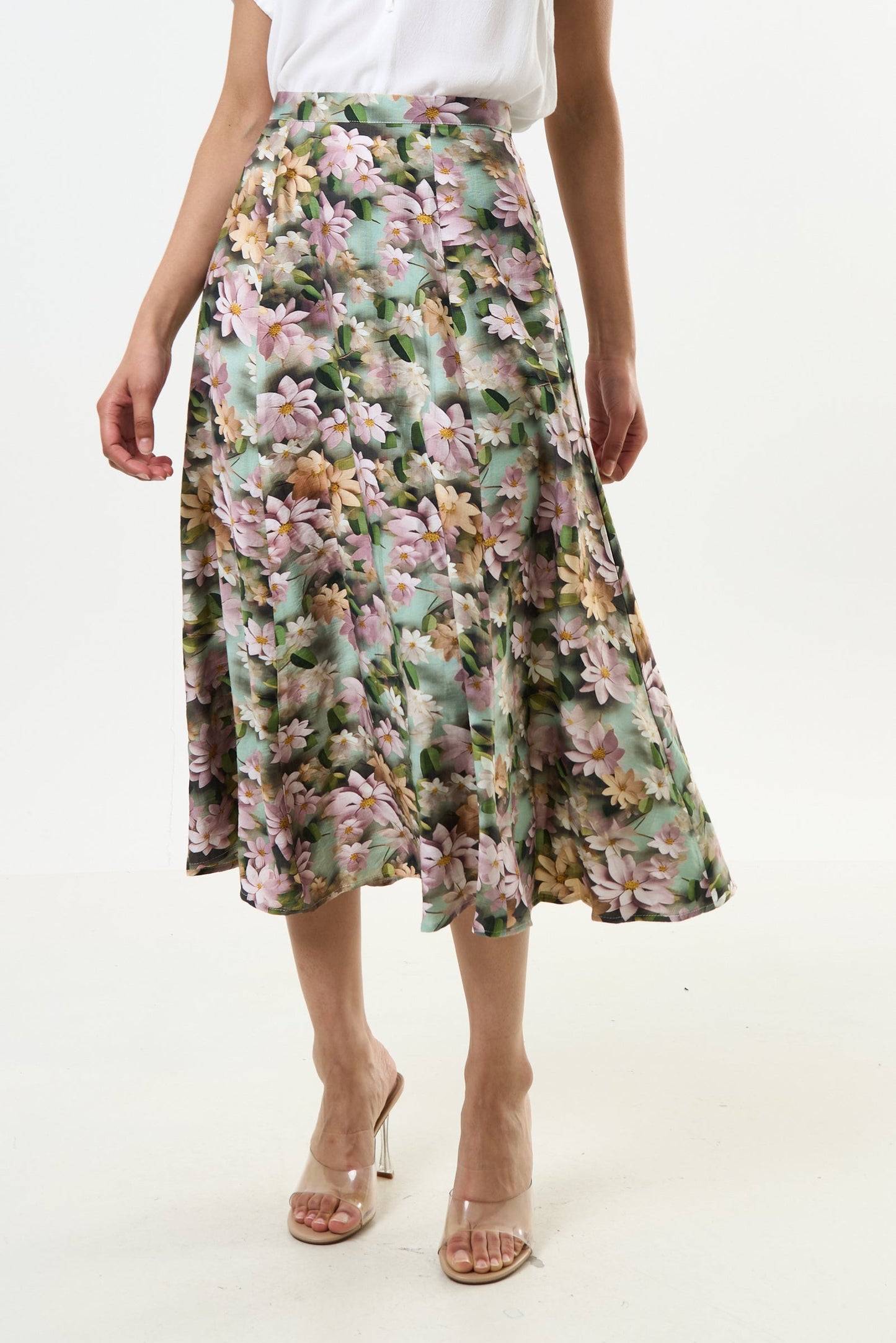 Brisa 3D Daisy Print Midi Skirt - Green