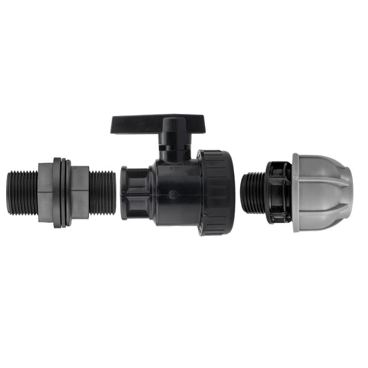 ¾” BSP Water Butt Fitting with Full Flow PP Valve and 25mm MDPE Fitting