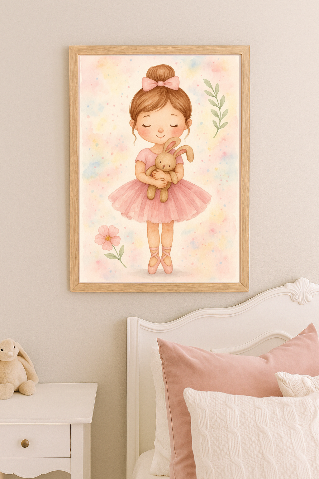 Ballerina Cuddles – Pink Ballet Girl Holding Bunny Wall Art for Girls’ Room or Nursery