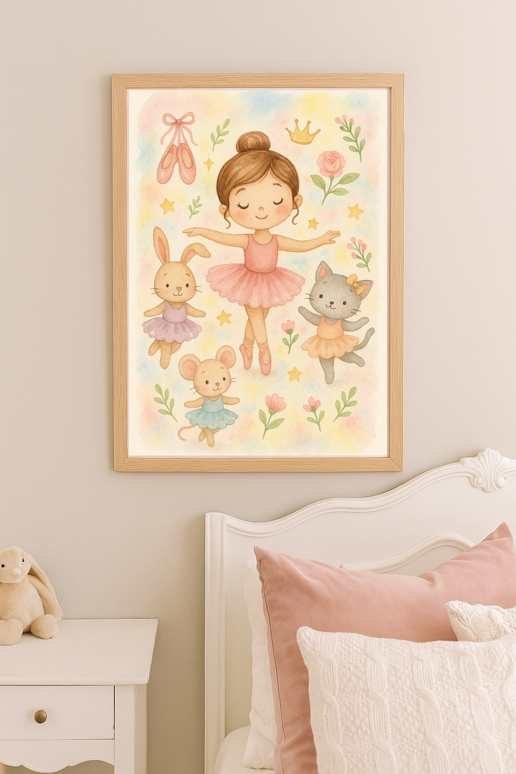 Ballet Friends – Ballerina Girl with Dancing Bunny, Cat & Mouse Wall Art for Kids’ Room