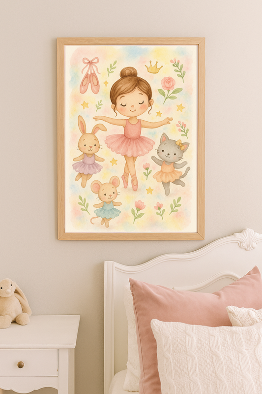 Ballet Friends – Ballerina Girl with Dancing Bunny, Cat & Mouse Wall Art for Kids’ Room