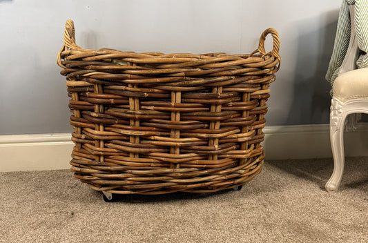 Wovenhill Bamboo Oval Log Basket with Wheels and Hoop Handles