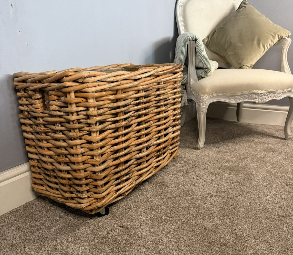 Wovenhill Bamboo Rattan Rectangular Storage Log Basket with Wheels