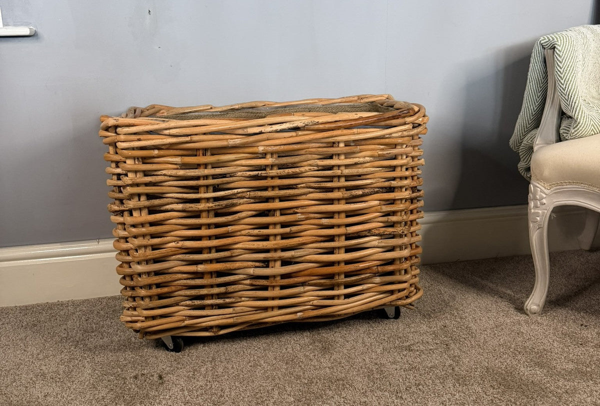 Wovenhill Bamboo Rattan Rectangular Storage Log Basket with Wheels