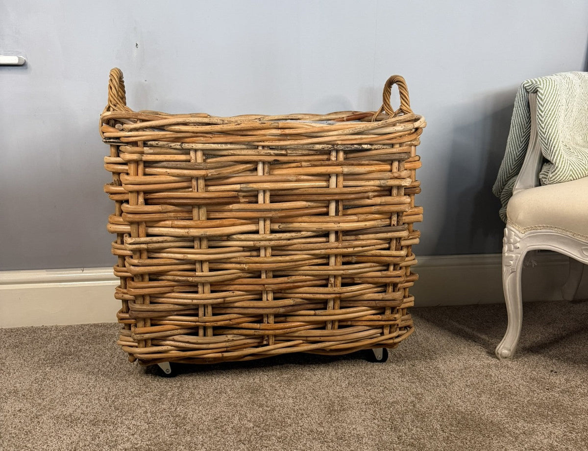 Wovenhill Bamboo Rattan Rectangle Storage Log Basket with Wheels and Hoop Handles