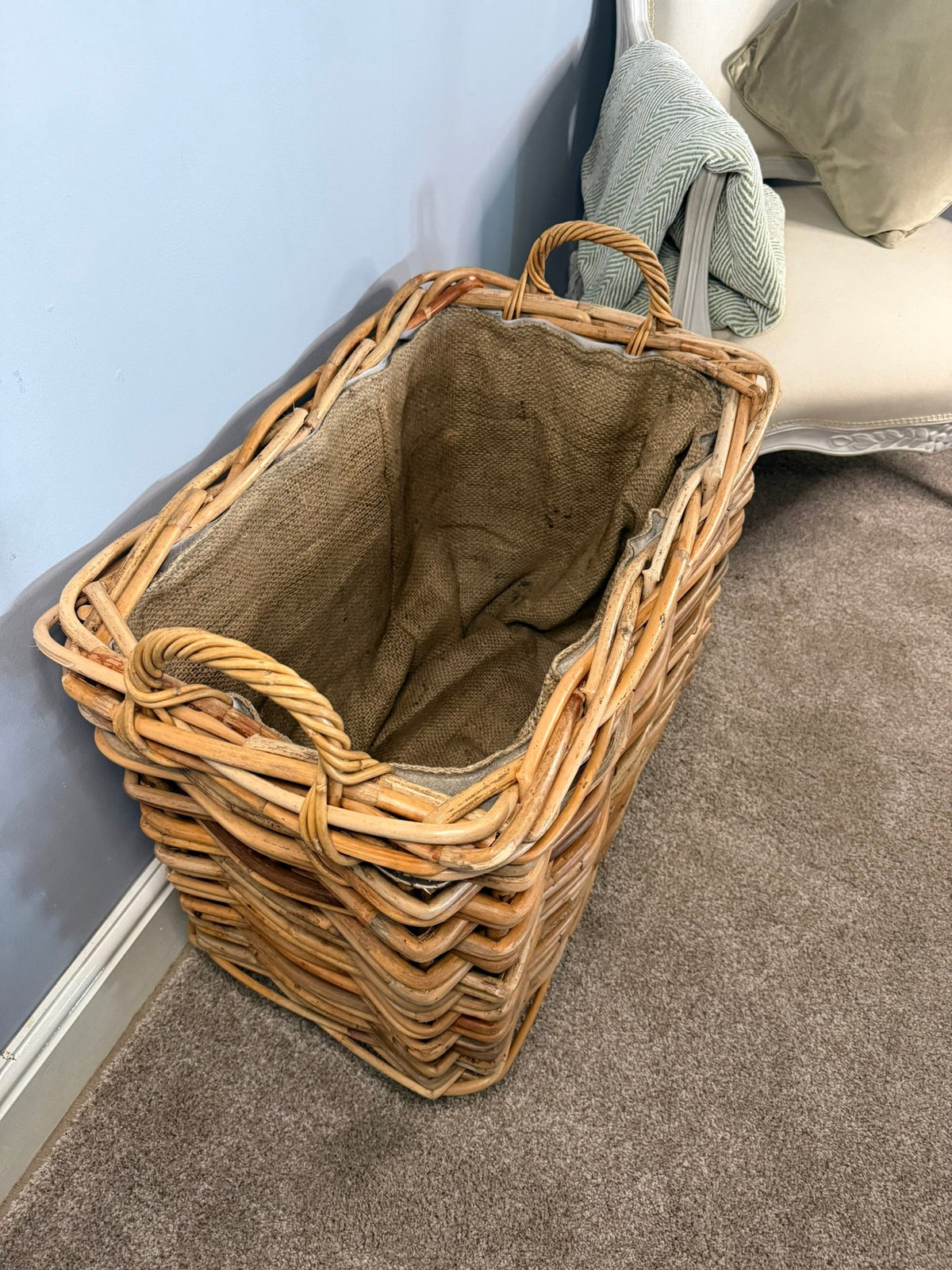 Wovenhill Bamboo Rattan Rectangle Storage Log Basket with Wheels and Hoop Handles