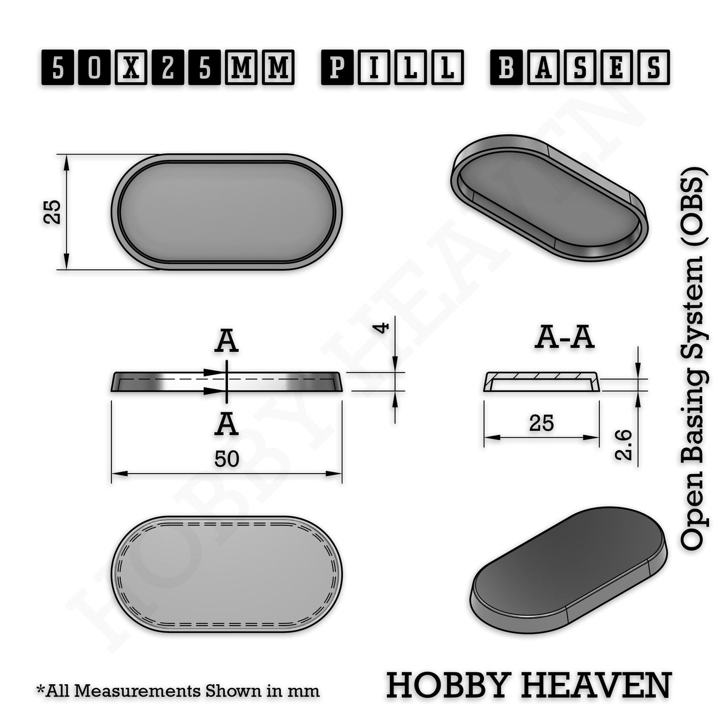 50x25mm Pill Plain Black Plastic Bases 3D Print