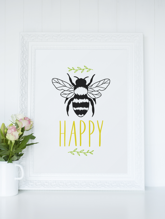 Be Happy Bumble Bee Simple Bedroom Dressing Room Home Wall Decor Print