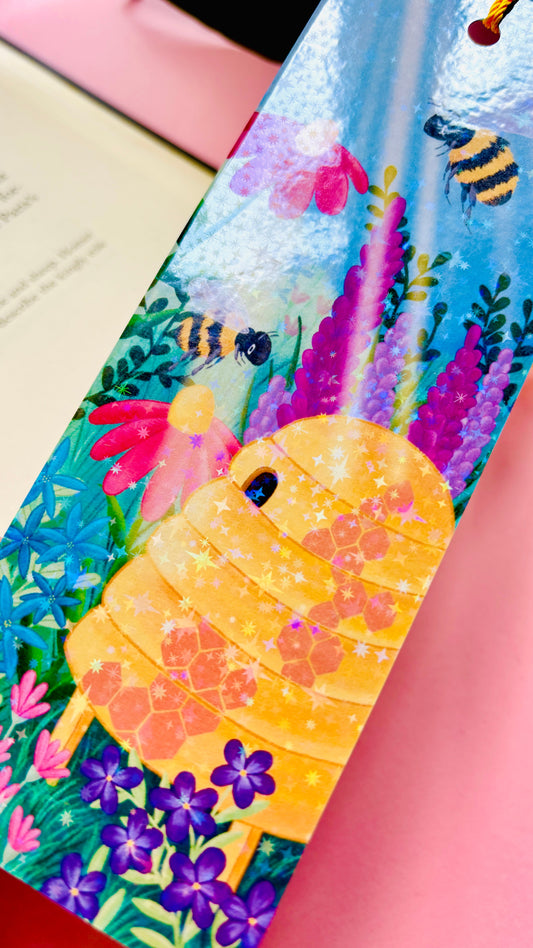 Bee and Wildflower Bookmark – Handmade Holographic Rainbow Book Accessory