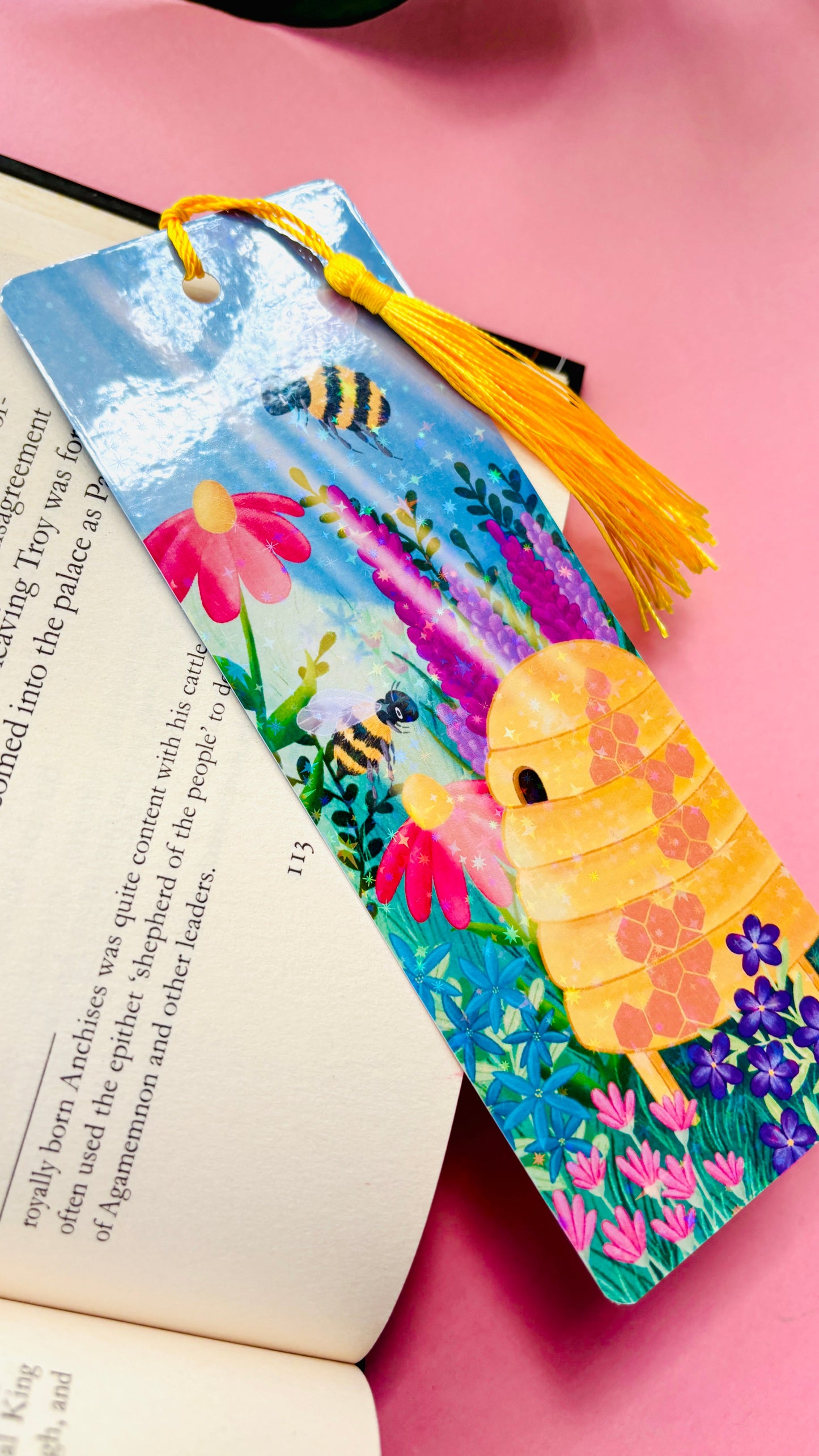Bee and Wildflower Bookmark – Handmade Holographic Rainbow Book Accessory